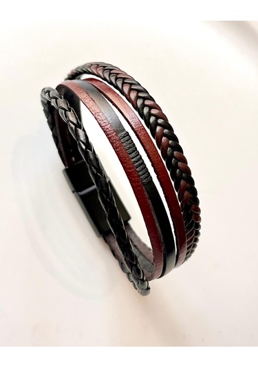 %100 Deri 5li Kombin Kahverengi Erkek Bileklik 21cm Türk Üretim Kahverengi - Siyah