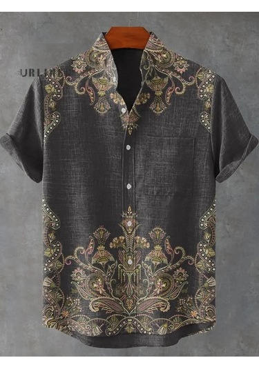 Snapbuy Retro Erkek Keten Gömlek - Yaz Serin Rahat Kısa Kollu Japon Desen Baskılıkahverengi Kahverengi