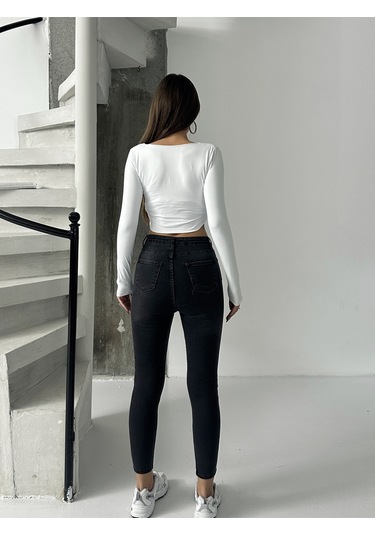 Kadın Diz Lazer Yırtık İşlemli Kot Dar Paça Füme