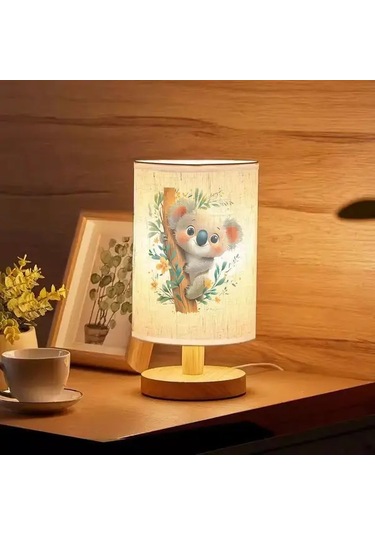 Willowhaven Cute Koala Baskılı 24x10 Ahşap Renk Masa Lambası Yatak Odası Ve Ofis İçin Usb Led Aydınlatma Füme