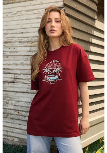 Velvoria Unisex Oversize Bordo Lost İn Paradise T-shirt