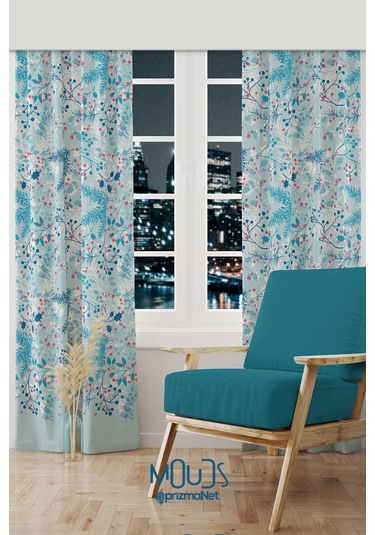 Kış Dalları Desenli Süet Oturma Odası Salon Fon Perde Baskılı Ekstrafor Büzgü 2 Kanat Prd-1024 Çok Renkli