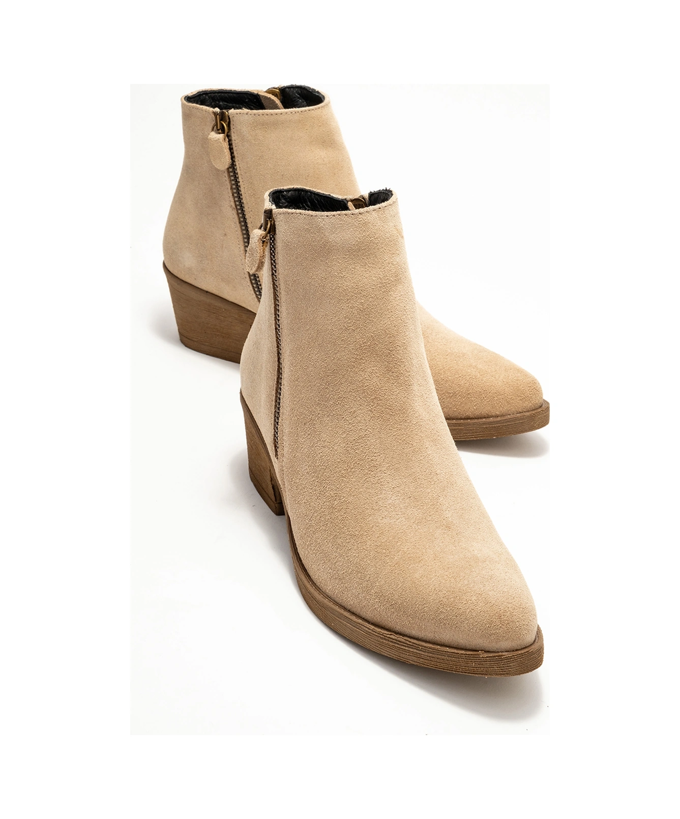 Jayer Bej Süet Hakiki Deri Fermuarlı Kadın Topuklu Bot Bej Süet