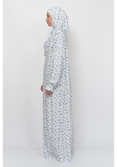 Pratik Tek Parça Çiçek Desenli Kollu Tak Çıkar Başörtülü Likralı Tesettür Namaz Elbisesi 990-0201 Mavi Antrasit