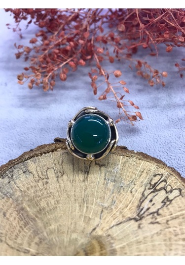 Yeşil Akik Taşı Gümüş Yüzük 925 Ayar Doğal Taş - 251995303