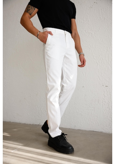 Braccas Erkek Armürlü Slim Fit Beyaz Pantolon Beyaz