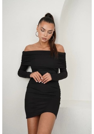 Kadın Madonna Mendil Yaka Fırsat Ürün Büzgülü Mini Elbise Siyah