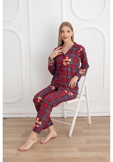 Kadın Mevsimlik Pamuklu Penye Pijama Takımı Önden Düğmeli Ekose