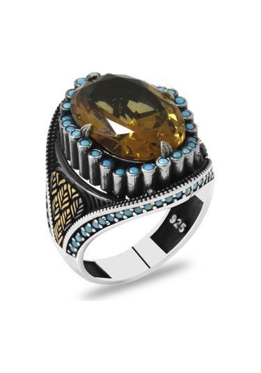 Faset Kesim Zultanit Taşlı Yanları Firuze Taş Mıhlamalı Başak Motifli 925 Ayar Gümüş Erkek Yüzük