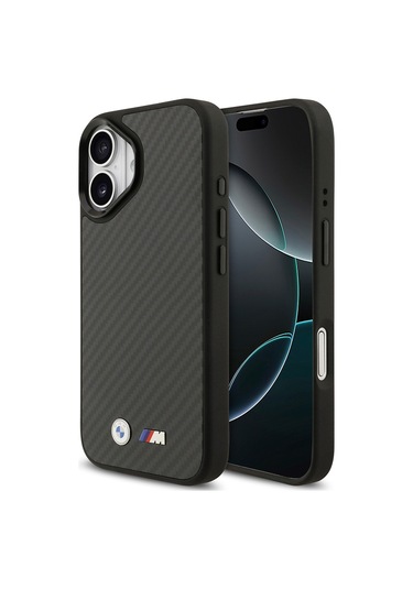 İphone 17 Uyumlu Kılıf Bmw Lisanslı M-safe Özellikli Karbon Fiber Metal Logolu Kevlar Kapak Siyah Siyah