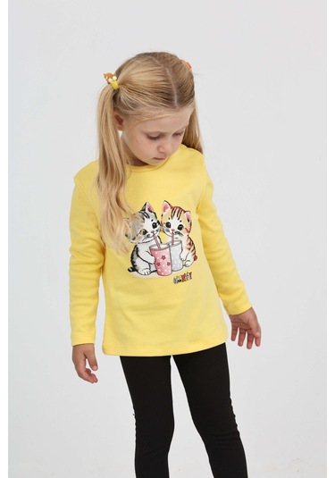Toontoy Kız Çocuk İkili Kedi Baskılı Sweatshirt Açık Sarı
