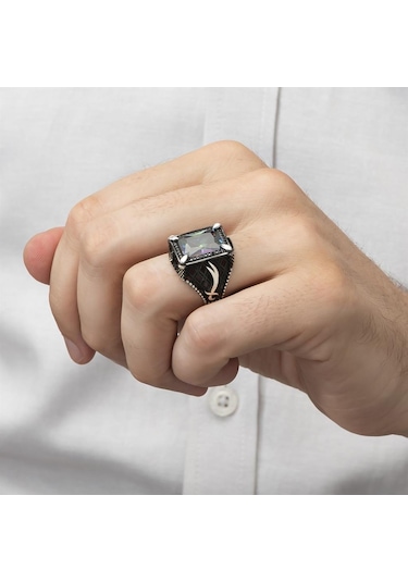 Zülfikar Desenli Kare Mistik Topaz Taşlı 925 Gümüş Erkek Yüzük