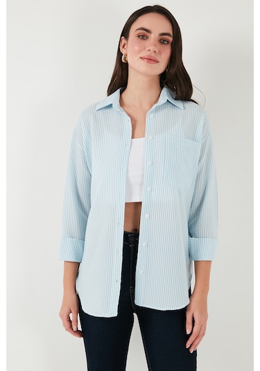 Lela Regular Fit Uzun Kollu Cepli Çizgili Bayan Gömlek 6772895 Bebe Mavi