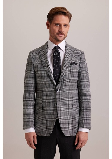 Erkek Gri Kışlık Yünlü Regular Fit Ekose Desenli Tek Ceket 001