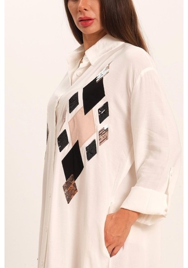 Kadın Beyaz Önü Pul Payet Aplike Nakışlı Kolu Apoletli Uzun Gömlek Elbise-beyaz Beyaz