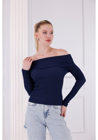 Madonna Yaka Uzun Kollu Fitilli Kadın Bluz Lacivert