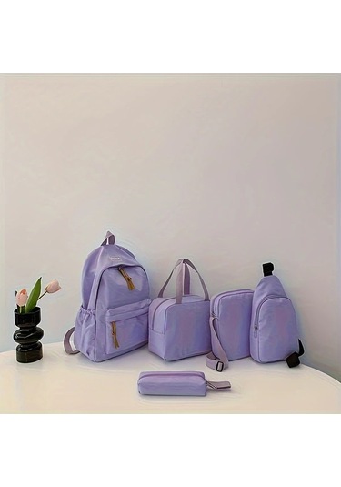 Honeybeeshop Pembe 5 Parça Katı Renk Sırt Çantası Seti Okul Kolej Yolcu Çantası