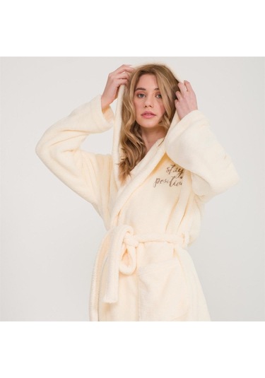 Welsoft Kapüşonlu Peluş Kadın Sabahlık Ekru