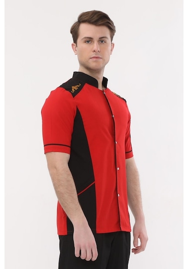 Uniprom Kısa Kollu Aşçı Ceketi Önlük Omuz Nakışlı Cepli Şef, Garson Kırmızı Siyah