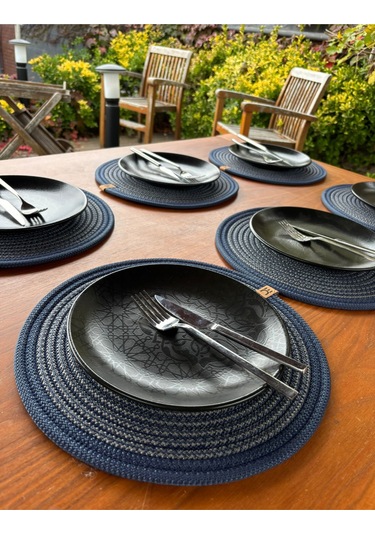6 Lı Yuvarlak Supla Takımı Kolay Temizlenebilir, Modern Sofralar İçin Lacivert -antrasit