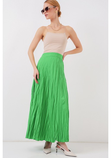 Kadın Uzun Kırışık Etek 8042 - Yeşil Yeşil
