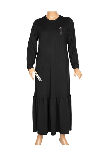 Hesna Kadın Derya Fitilli Doku Eteği Farbalı Broşlu Siyah Elbise Siyah
