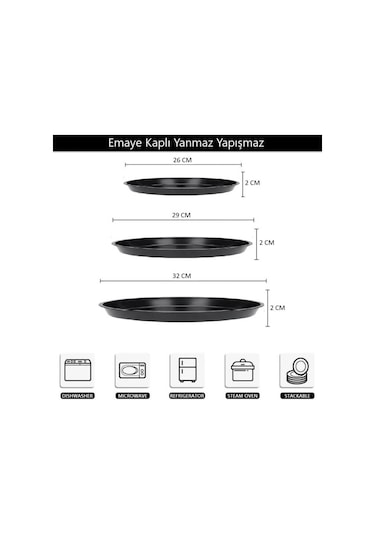 Kapris 3 Lü Emaye Pizza Fırın Tepsi Seti 26-29-32 Cm Kap-536 Siyah
