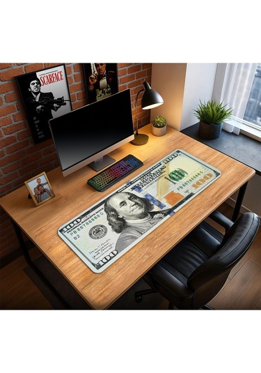 Dolar Baskılı Oyun Gaming Klavye Mouse Pad Kaymaz Taban Kenarları Dikişli Su Geçirmez Masa Matı 70x30 Cm