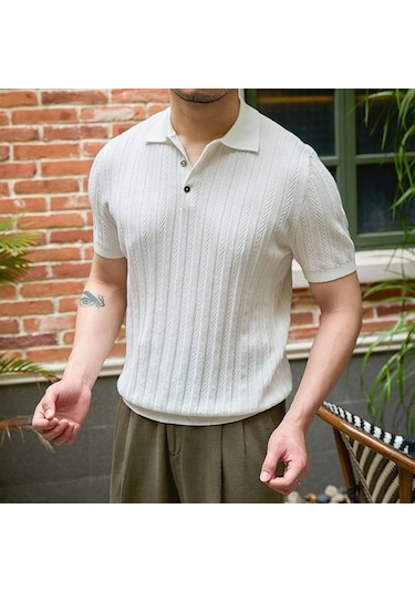 Yeni Erkek Yaz Kısa Kollu Erkek Çizgili Günlük İnce Örme Kısa Kollu Beyaz
