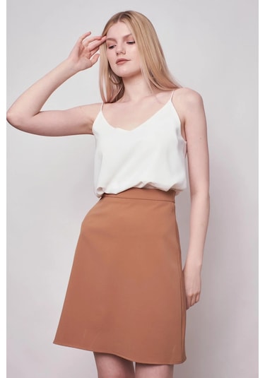 Yüksek Bel Hafif Likralı Kumaş Diz Boy Çan Etek-camel CAMEL