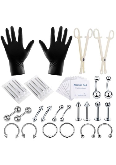 Dolıty 42 Parça Profesyonel Piercing Seti Gümüş-1.2x6+3 Çok Renkli