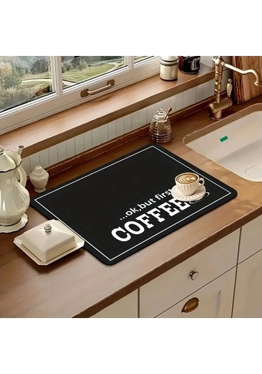 Trendooze Kaymayan Kahve Makinesi Matı 50x30 Ok But First Hızlı Kurur Desenli