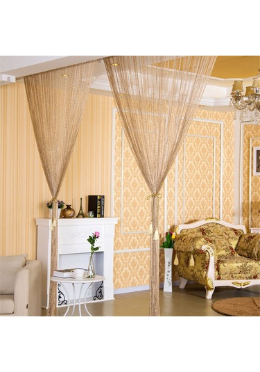 Hfambition Parlak Pullu Gümüş İplikli 100x200cm Şeffaf Perde Dekoru - Altın Renk