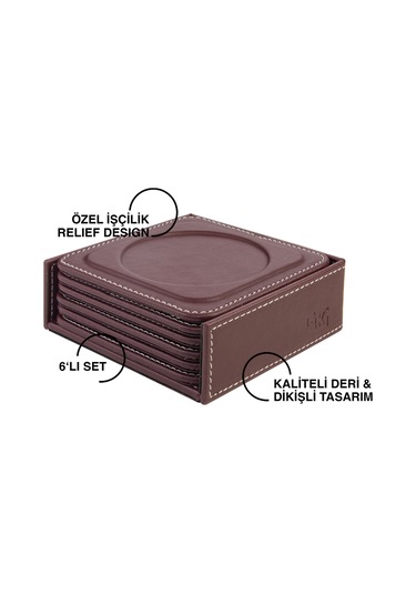 Bardak Altlığı,6 Lı Set,masaüstü Yuvarlak Cup Coaster,vegan Suni Deri,11x11 Cm.,bordo Bordo