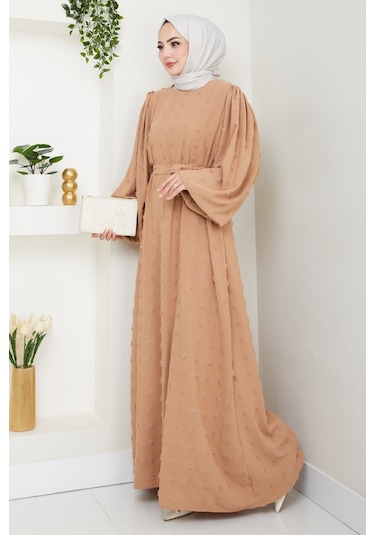 Kuşaklı Ponpon Detay Ayrobin Elbise 1538 - Vizon Vizon