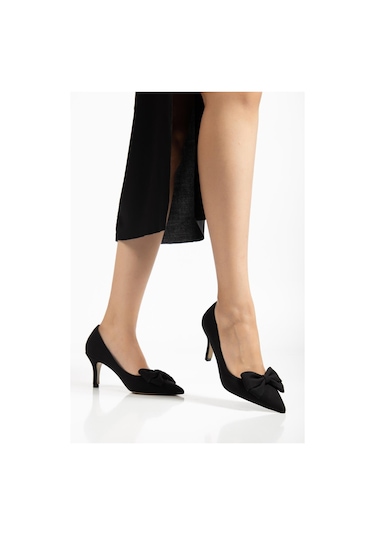 Büyük Beden Kadın Stiletto İnce Topuklu Ayakkabı Siyah Saten Fiyonklu-4295 Siyah