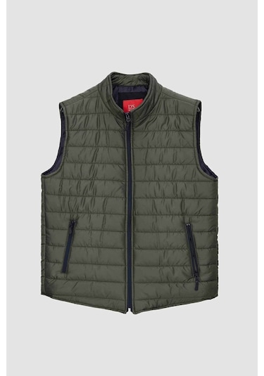 Ds Damat Regular Fit Haki Dik Yaka Elyaf Dolgulu Mevsimlik Fermuarlı Yelek Mont 7HF07ORT42611