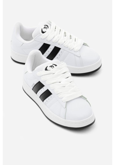 Termo Taban Yanı Şeritli Bağcıklı Kadın Beyaz Siyah Spor Ayakkabı Tbzer005 Beyaz Siyah