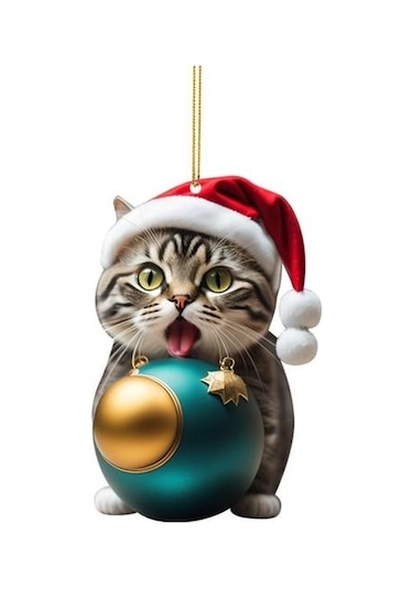 Canlı Renk Süper Sevimli Araba Kedi Santa Charm Akrilik Şapka Yavru Noel Ağacı Asılı Dekorasyon C