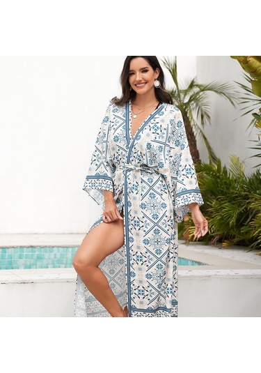 Kadınlar Plaj Tatili Baskılı Şal Bikini Güneş Korumalı Pareo Mavi