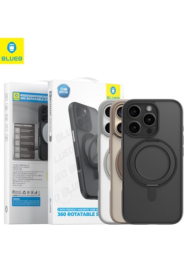 Apple Uyumlu iPhone Blueo 16 Pro Skin Friendly 360 Rotatable Magsafe Standlı Siyah Telefon Kılıfı