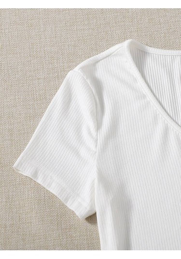 V Yaka Beyaz Renk Fitilli Kısa Kollu Regular Crop Top Bluz