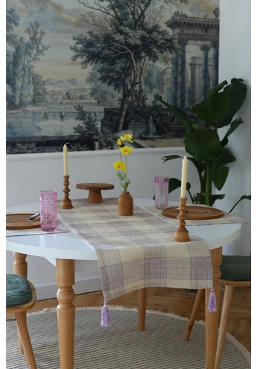 Yakacihome Juta Mor 5 Parça 4 Parça Amerikan Servis & 1 Parça Püsküllü Runner Jüt Kumaş Sofra Seti Mor