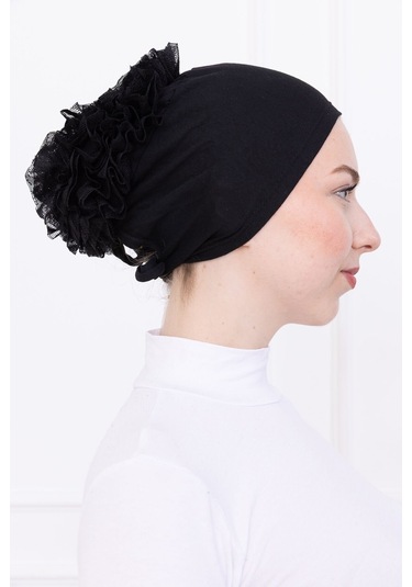 Fırfırlı Önden Dikişli Penye Bone - Kadın Tesettür Bağlamalı Topuz İç Bone-siyah Siyah