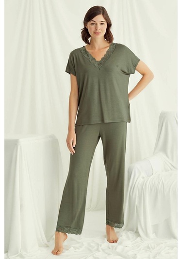 Monamise 18488 Kadın V Yaka Kısa Kollu Pijama Takımı-haki Haki