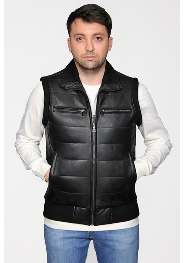 Derije Max Hakiki Deri Erkek Siyah Triko Detaylı Şişme Yelek