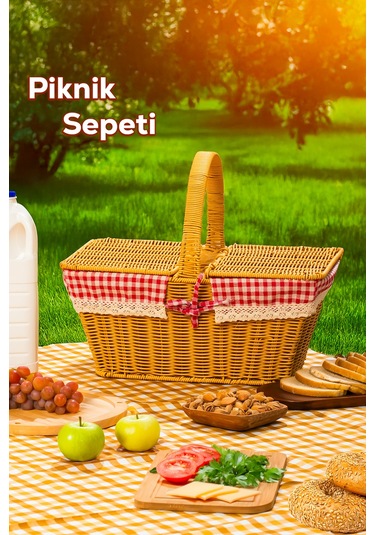 Porsima 2079 Dökdörtgen Hasır Görünümlü Piknik Sepeti Piknik Çantası 42x37cm Açık Kahverengi