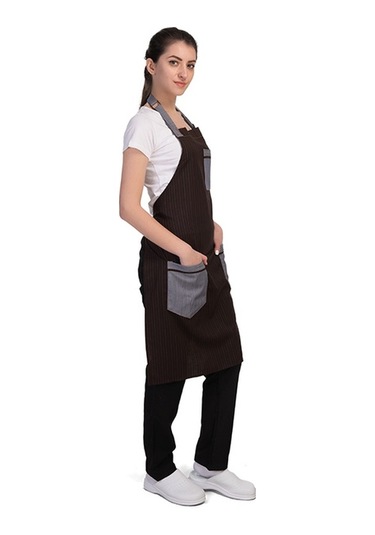 Barista Chef Cafe Aşçı Boydan Önlük Turkuaz Çizgili Kot Cepli