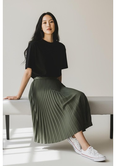 Pileli Pamuklu Dokuma Viskon Kışlık Etek 95 Cm - 38-48 Haki