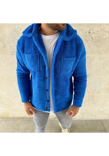 Erkek Pelüş Polar Hırka Gömlek Yakalı, İlik Düğmeli, Göğüs Cepli, Yumuşak Dokulu Kışlık Regular Fi Saks Mavisi